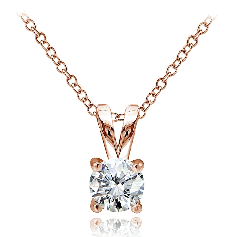 Rose Gold Flashed Sterling Silver Cubic Zirconia 5mm Round Solitaire Necklace