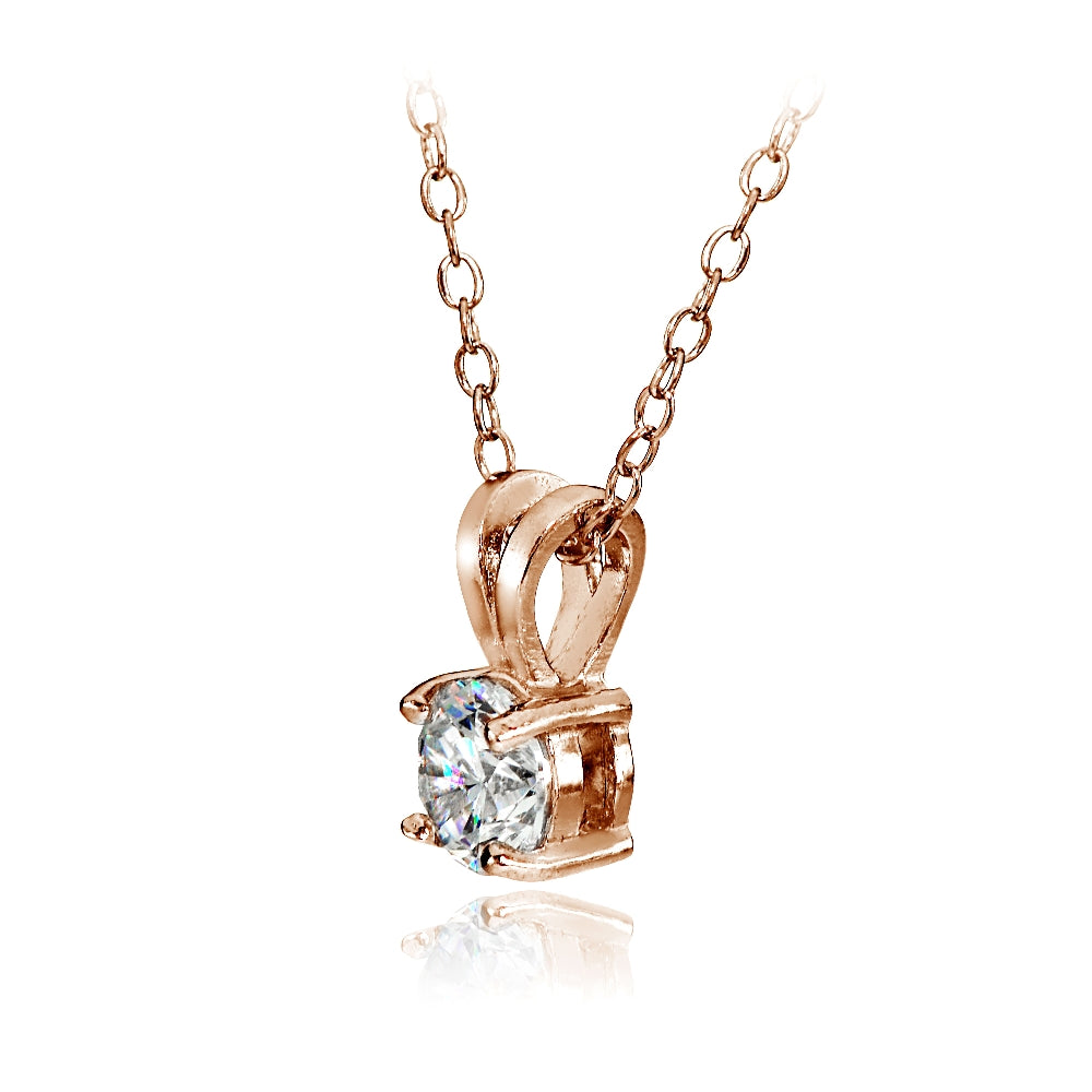 Rose Gold Flashed Sterling Silver Cubic Zirconia 5mm Round Solitaire Necklace-2