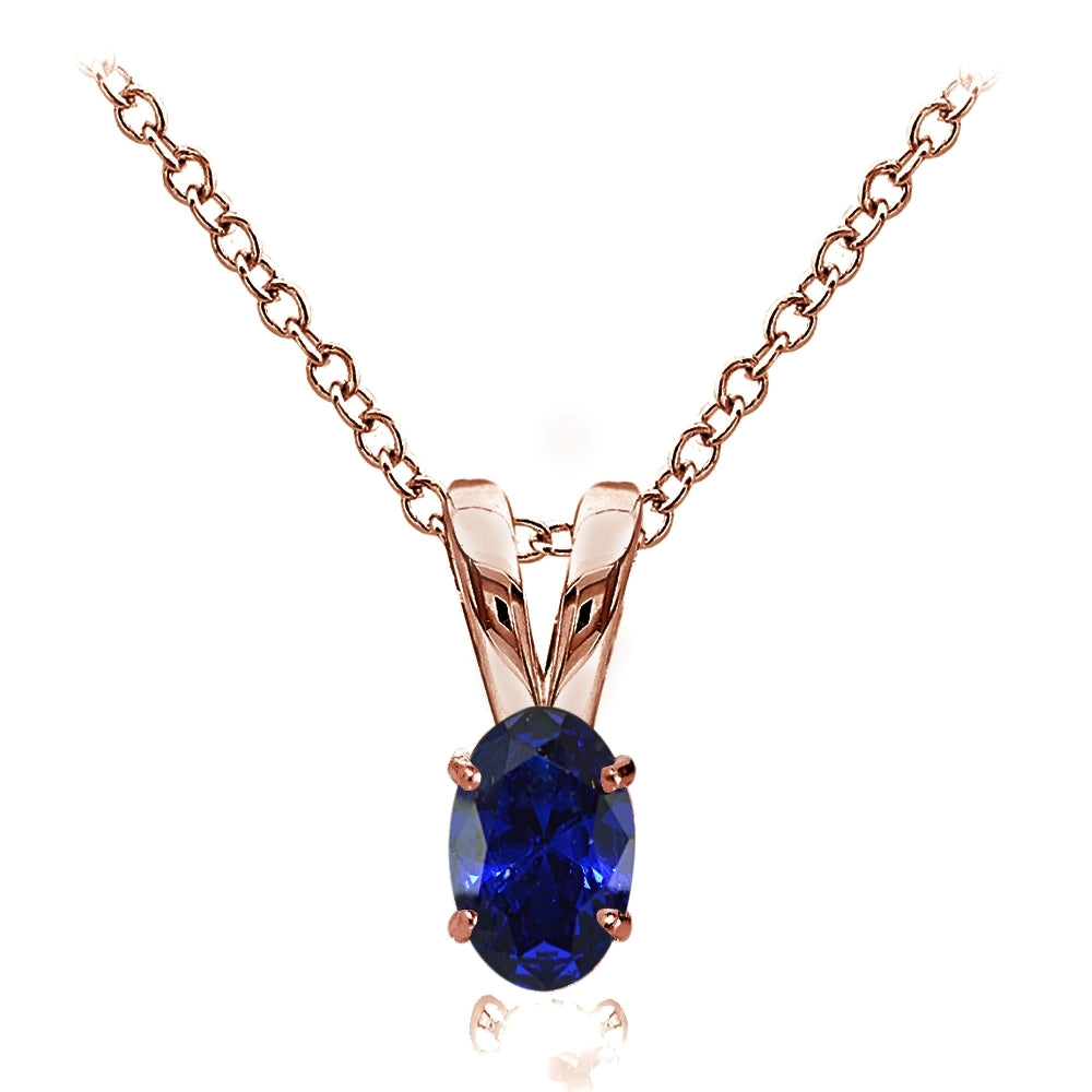Rose Gold Flashed Sterling Silver Created Blue Sapphire 6x4mm Oval Solitaire Necklace