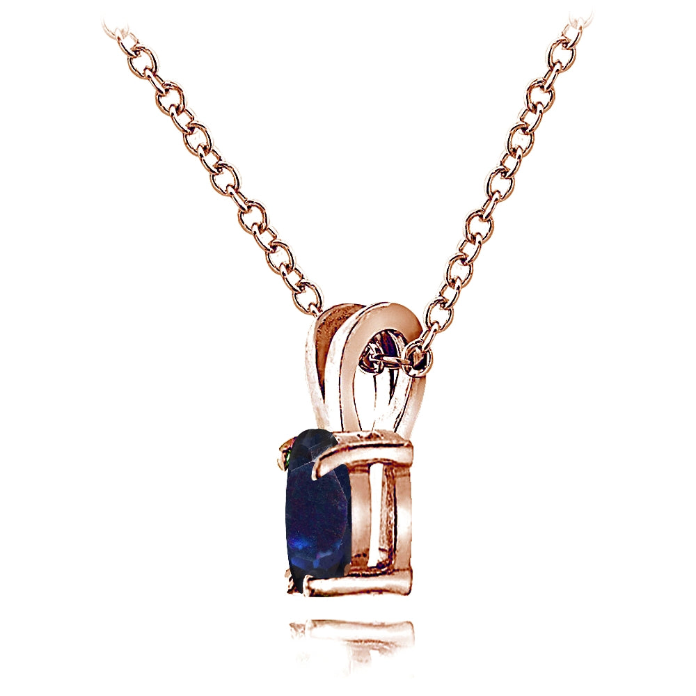 Rose Gold Flashed Sterling Silver Created Blue Sapphire 6x4mm Oval Solitaire Necklace-2