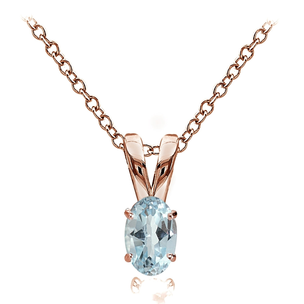 Rose Gold Flashed Sterling Silver Blue Topaz 6x4mm Oval Solitaire Necklace