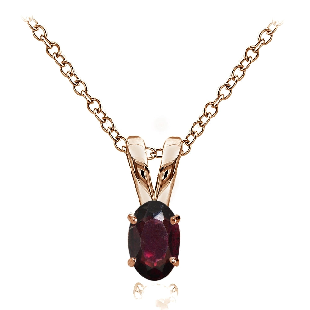 Rose Gold Flashed Sterling Silver Garnet 6x4mm Oval Solitaire Necklace