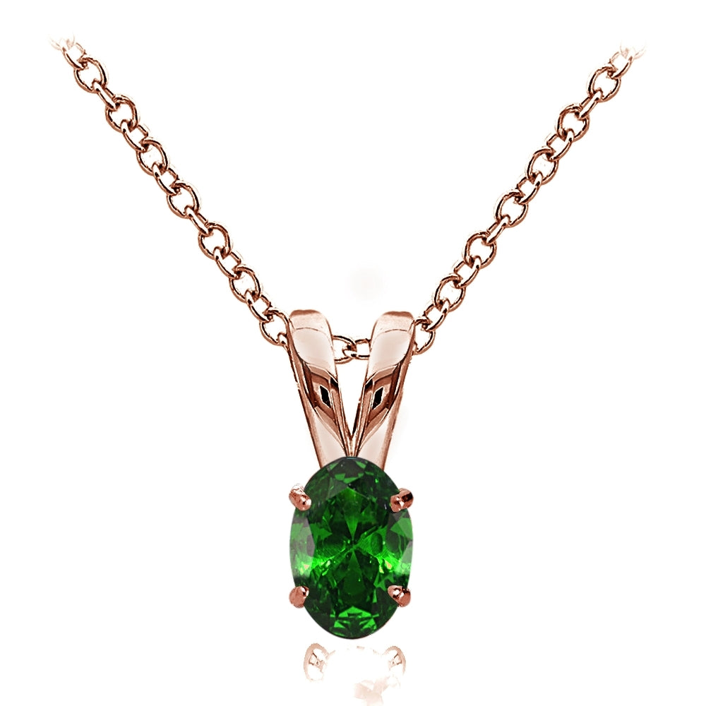 Rose Gold Flashed Sterling Silver Simulated Emerald 6x4mm Oval Solitaire Necklace