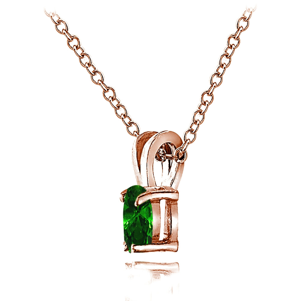 Rose Gold Flashed Sterling Silver Simulated Emerald 6x4mm Oval Solitaire Necklace-3