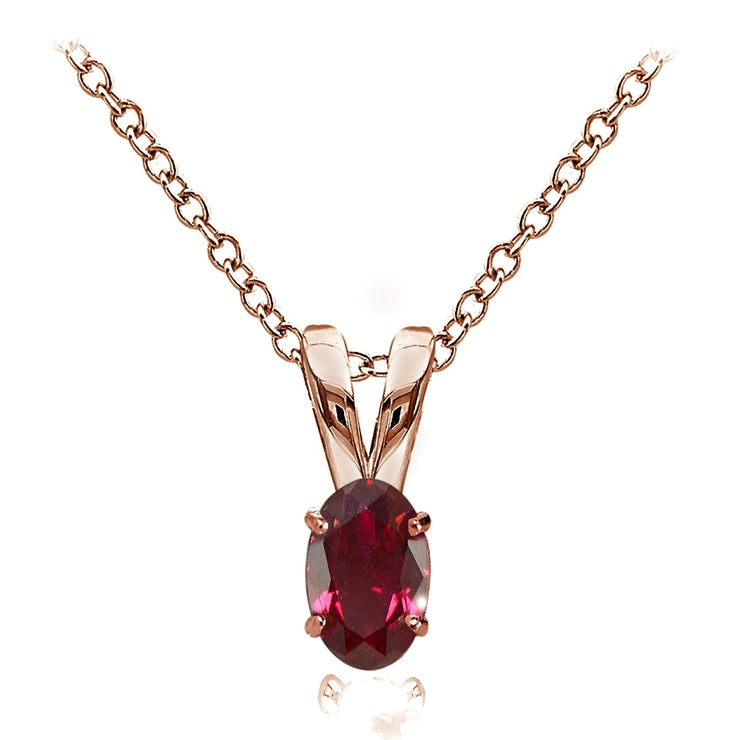 Rose Gold Flashed Sterling Silver Created Ruby 6x4mm Oval Solitaire Necklace