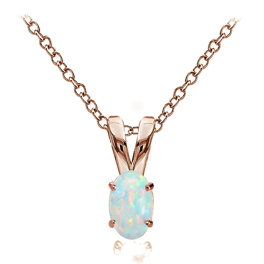 Rose Gold Flashed Sterling Silver Created White Opal 6x4mm Oval Solitaire Necklace