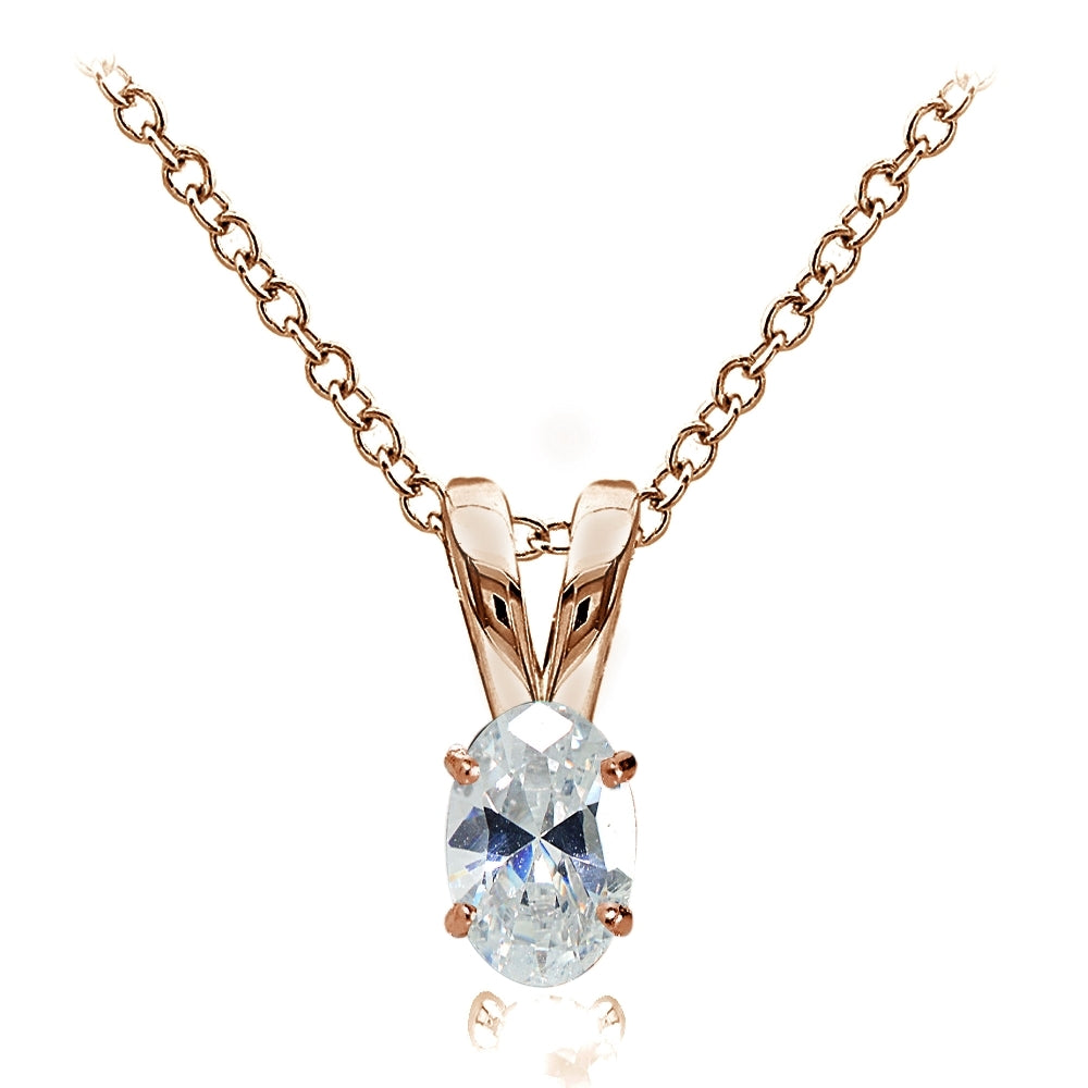 Rose Gold Flashed Sterling Silver Cubic Zirconia 6x4mm Oval Solitaire Necklace