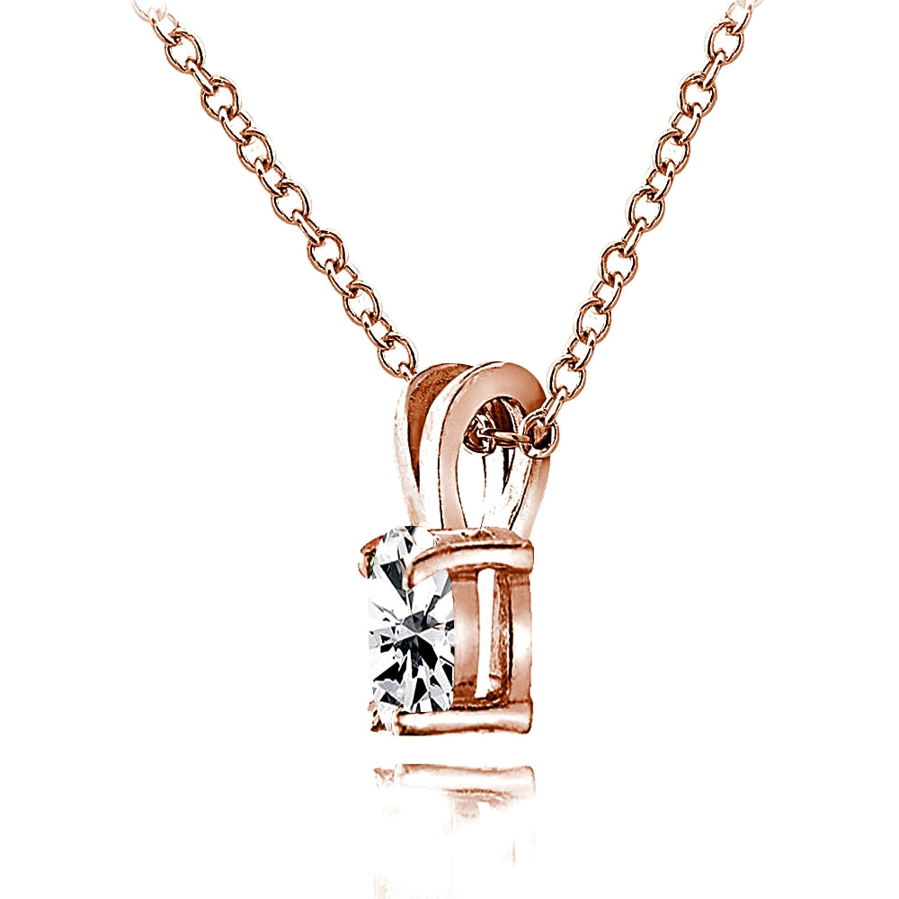 Rose Gold Flashed Sterling Silver Cubic Zirconia 6x4mm Oval Solitaire Necklace-2