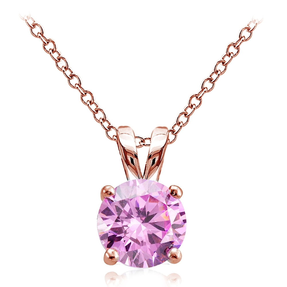 Rose Gold Tone over Sterling Silver 2ct Light Pink Cubic Zirconia 8mm Round Solitaire Necklace