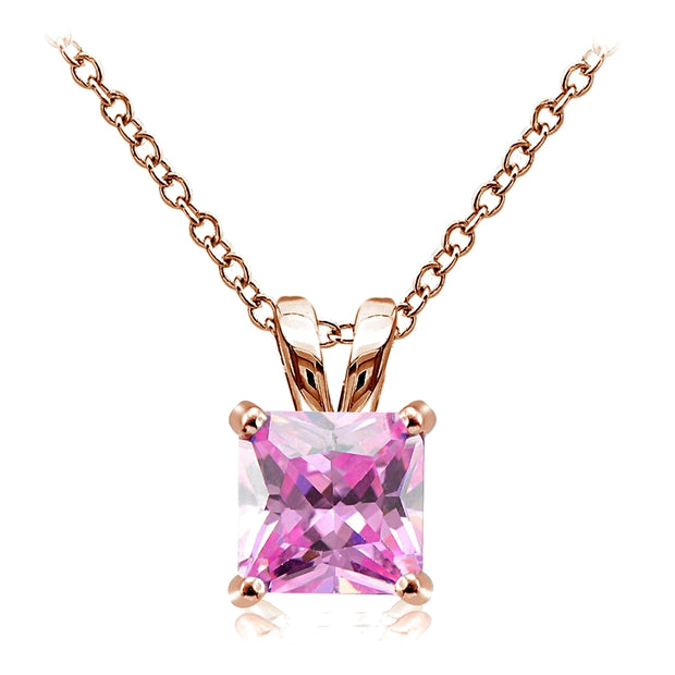 Rose Gold Tone over Sterling Silver 3ct Light Pink Cubic Zirconia 8mm Square Solitaire Necklace