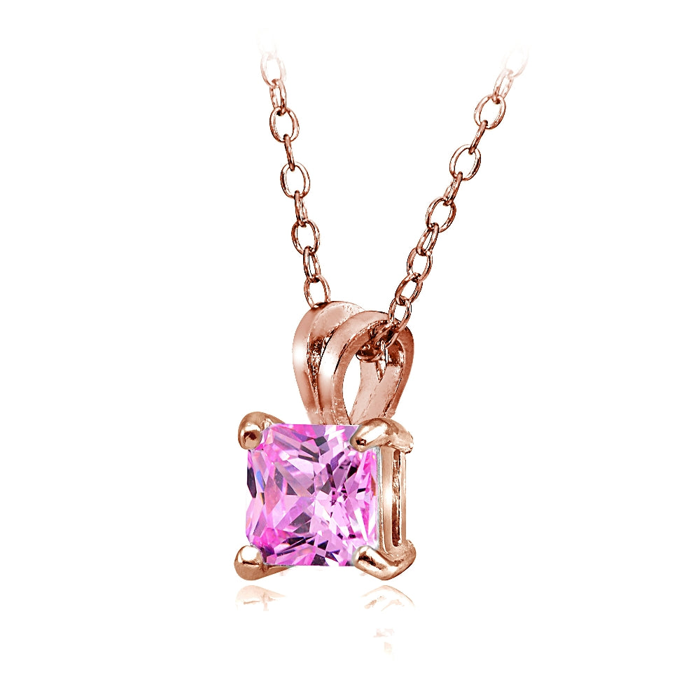 Rose Gold Tone over Sterling Silver 3ct Light Pink Cubic Zirconia 8mm Square Solitaire Necklace-2