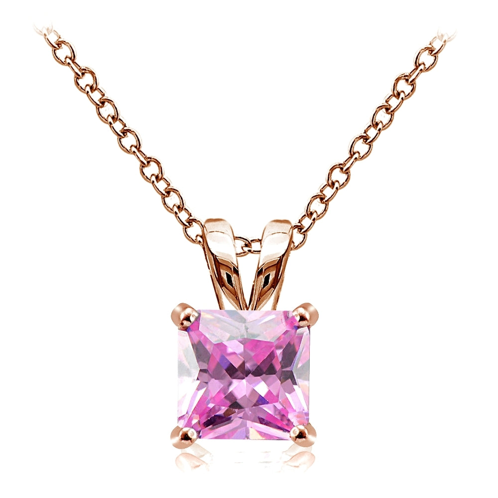 Rose Gold Tone over Sterling Silver 4ct Light Pink Cubic Zirconia 9mm Square Solitaire Necklace