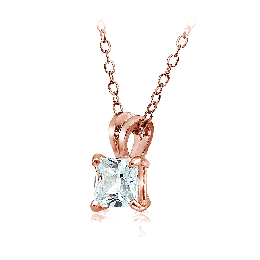 Rose Gold Tone over Sterling Silver 4ct Cubic Zirconia 9mm Square Solitaire Necklace-2