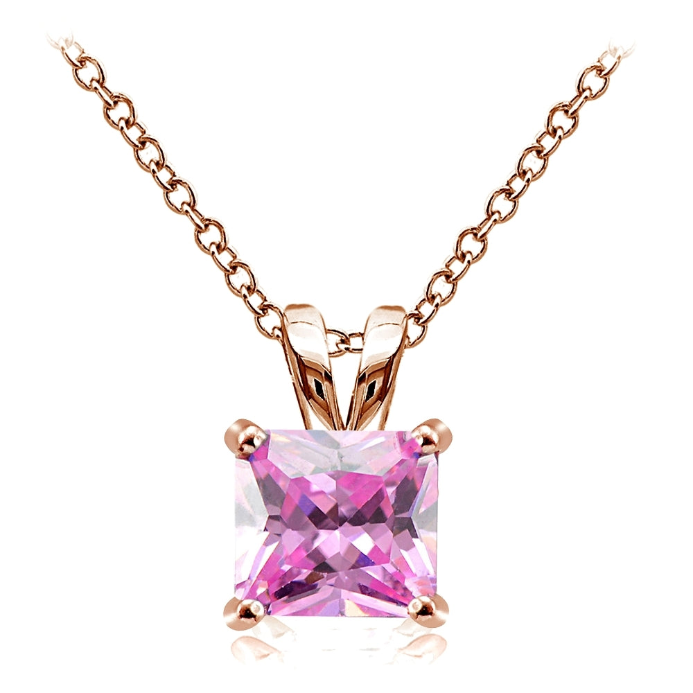 Rose Gold Tone over Sterling Silver 5.5ct Light Pink Cubic Zirconia 10mm Square Solitaire Necklace