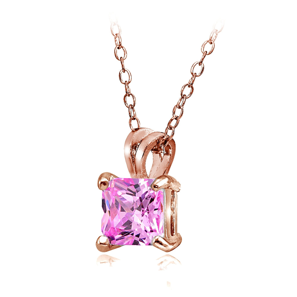 Rose Gold Tone over Sterling Silver 5.5ct Light Pink Cubic Zirconia 10mm Square Solitaire Necklace-2