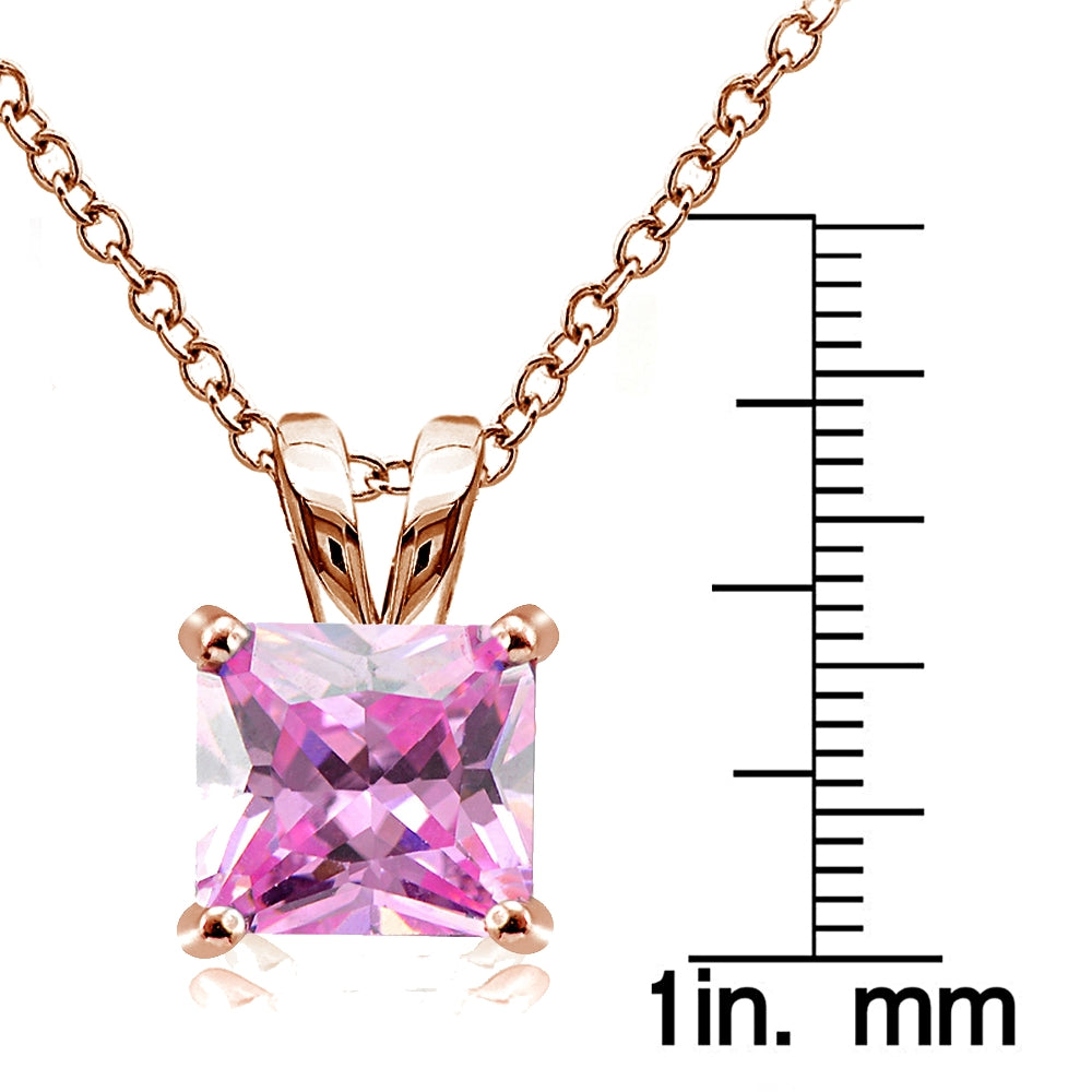 Rose Gold Tone over Sterling Silver 5.5ct Light Pink Cubic Zirconia 10mm Square Solitaire Necklace-3