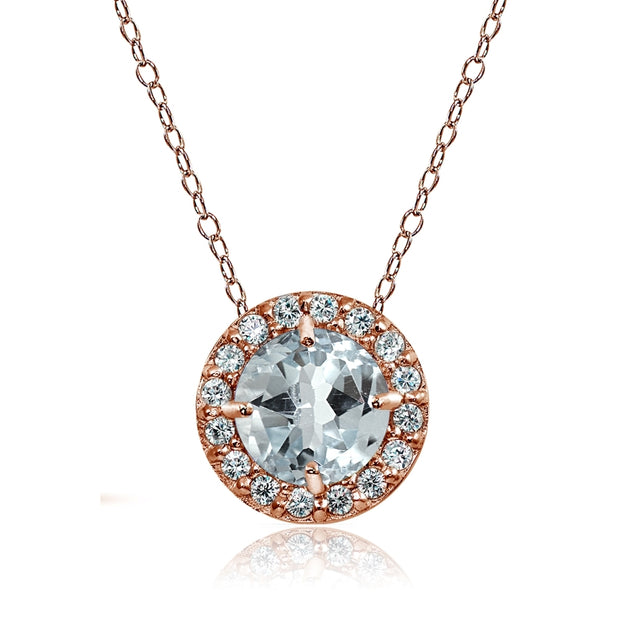 Rose Gold Flashed Sterling Silver Aquamarine and Cubic Zirconia Accents Round Halo Necklace