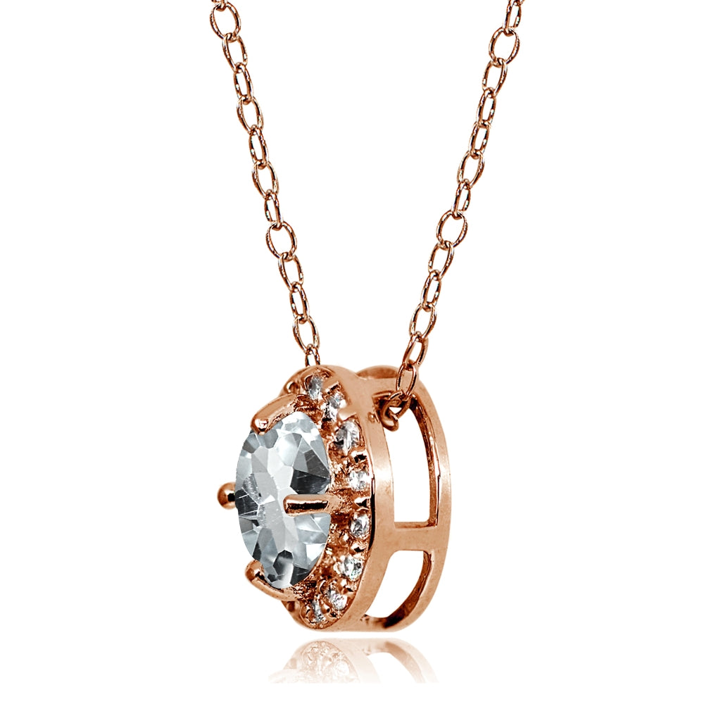 Rose Gold Flashed Sterling Silver Aquamarine and Cubic Zirconia Accents Round Halo Necklace-2