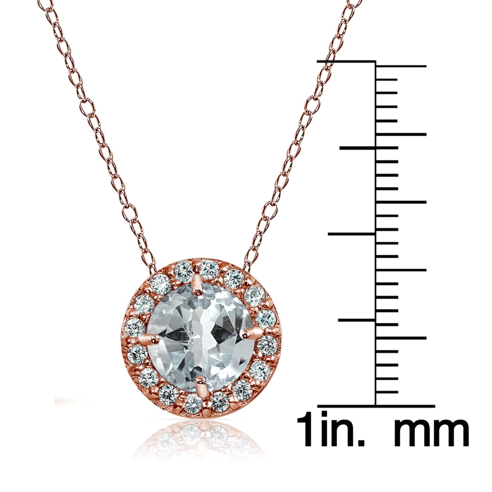 Rose Gold Flashed Sterling Silver Aquamarine and Cubic Zirconia Accents Round Halo Necklace-3