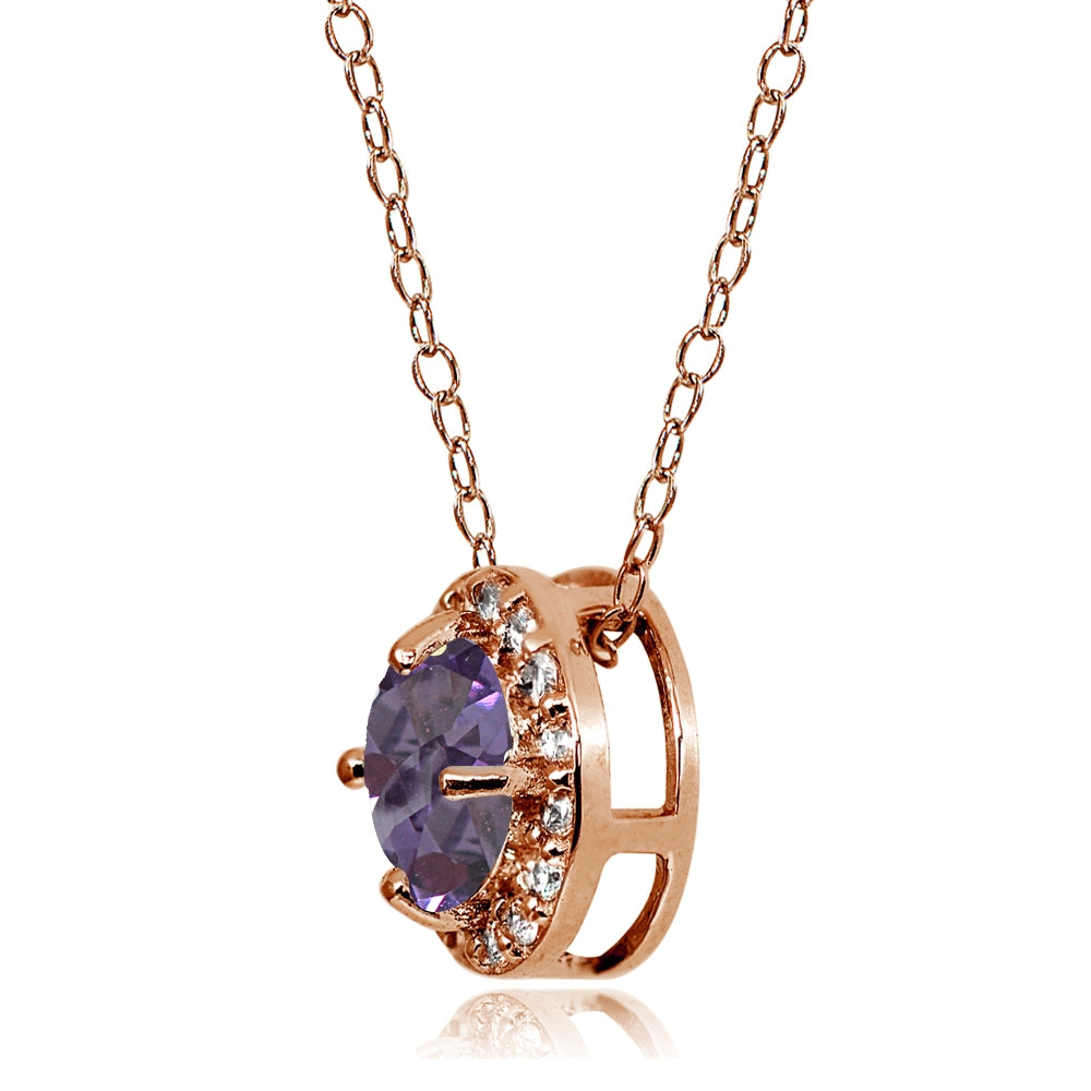 Rose Gold Flashed Sterling Silver Created Alexandrite and Cubic Zirconia Accents Round Halo Necklace-2