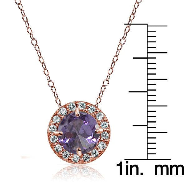 Rose Gold Flashed Sterling Silver Created Alexandrite and Cubic Zirconia Accents Round Halo Necklace