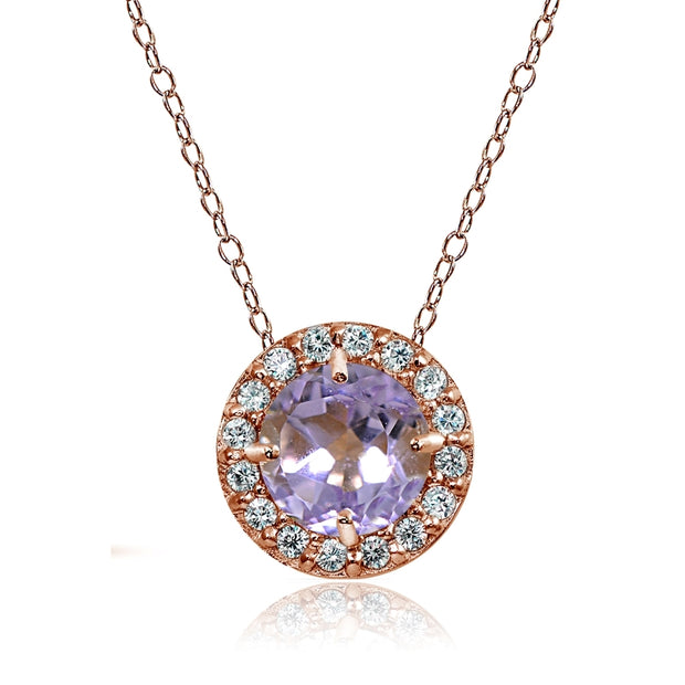Rose Gold Flashed Sterling Silver Amethyst and Cubic Zirconia Accents Round Halo Necklace