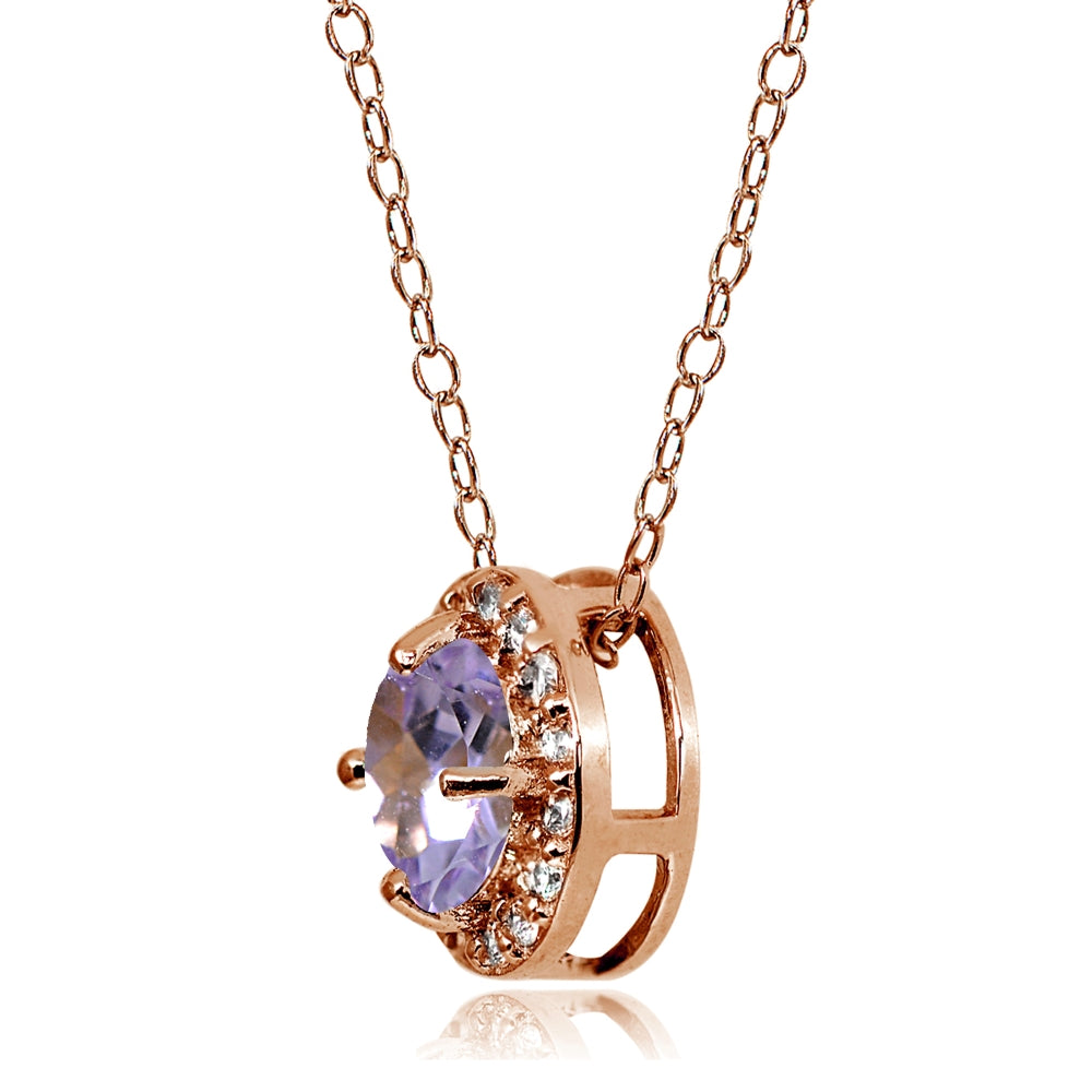 Rose Gold Flashed Sterling Silver Amethyst and Cubic Zirconia Accents Round Halo Necklace-2