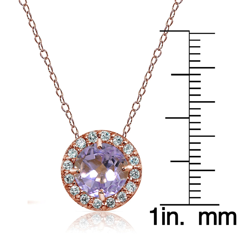 Rose Gold Flashed Sterling Silver Amethyst and Cubic Zirconia Accents Round Halo Necklace-3