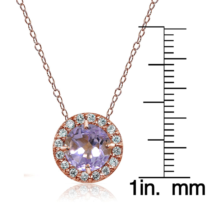 Rose Gold Flashed Sterling Silver Amethyst and Cubic Zirconia Accents Round Halo Necklace