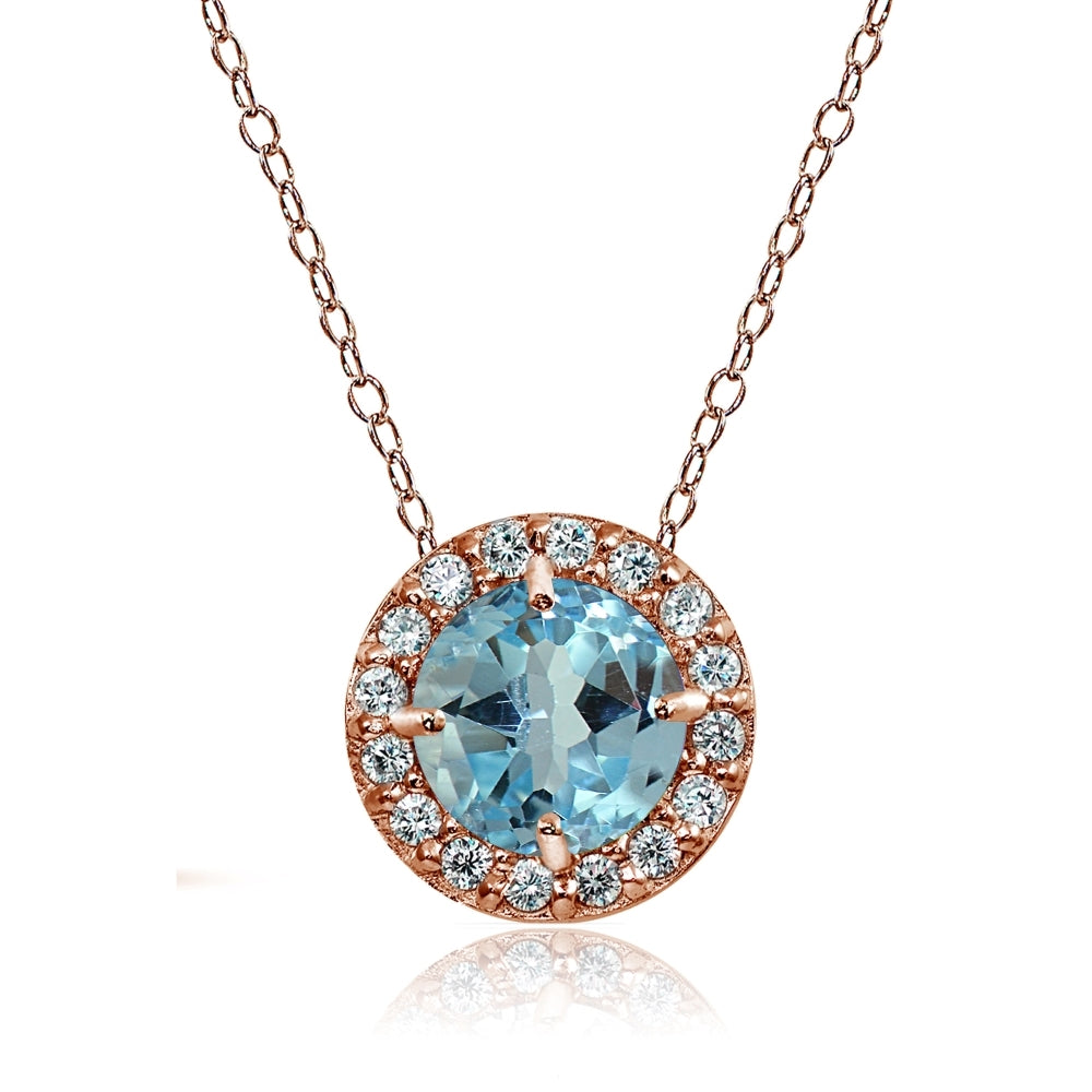 Rose Gold Flashed Sterling Silver Blue Topaz and Cubic Zirconia Accents Round Halo Necklace