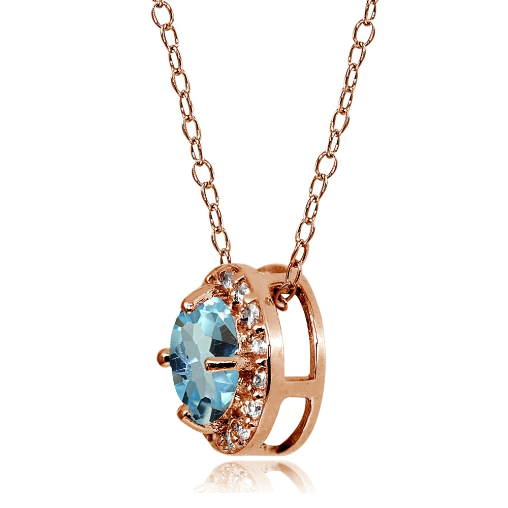 Rose Gold Flashed Sterling Silver Blue Topaz and Cubic Zirconia Accents Round Halo Necklace-2