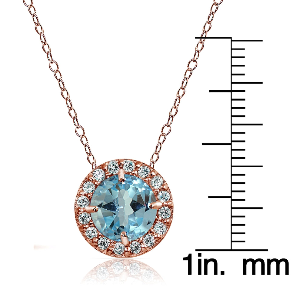 Rose Gold Flashed Sterling Silver Blue Topaz and Cubic Zirconia Accents Round Halo Necklace-3