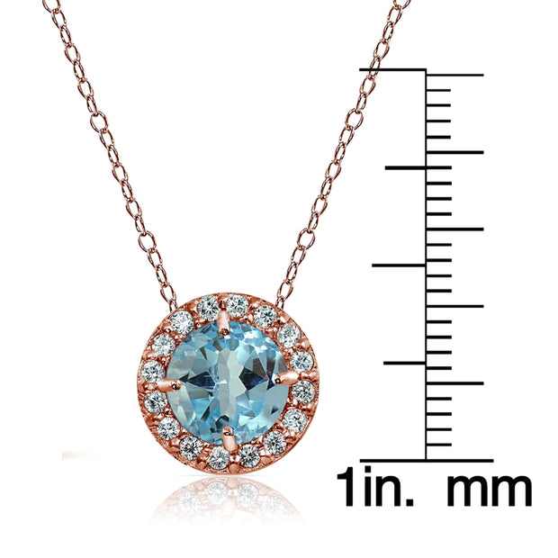 Rose Gold Flashed Sterling Silver Blue Topaz and Cubic Zirconia Accents Round Halo Necklace