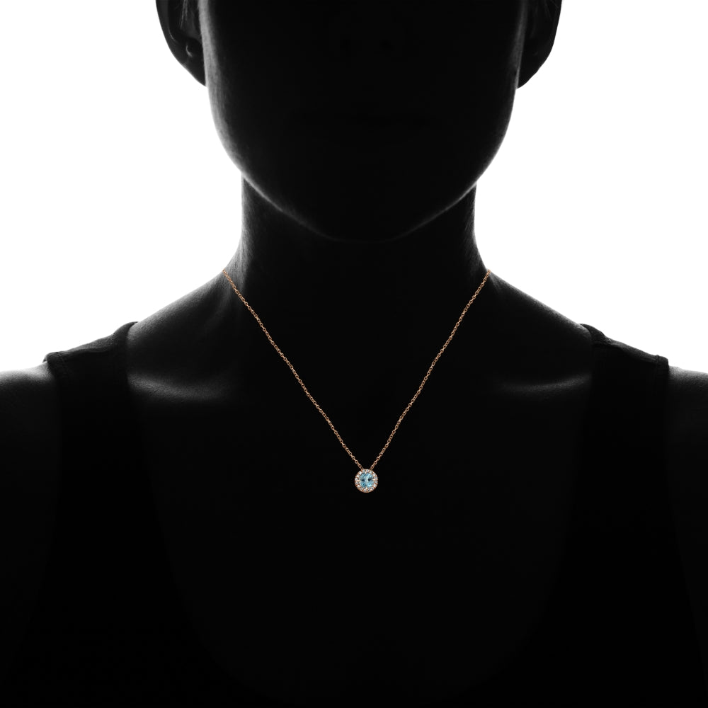 Rose Gold Flashed Sterling Silver Blue Topaz and Cubic Zirconia Accents Round Halo Necklace-4