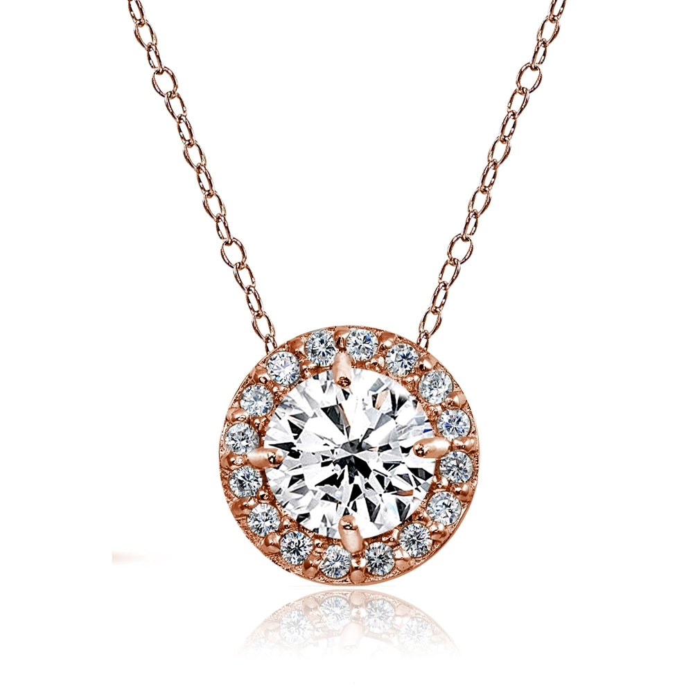 Rose Gold Flashed Sterling Silver Created White Sapphire Round Halo Necklace