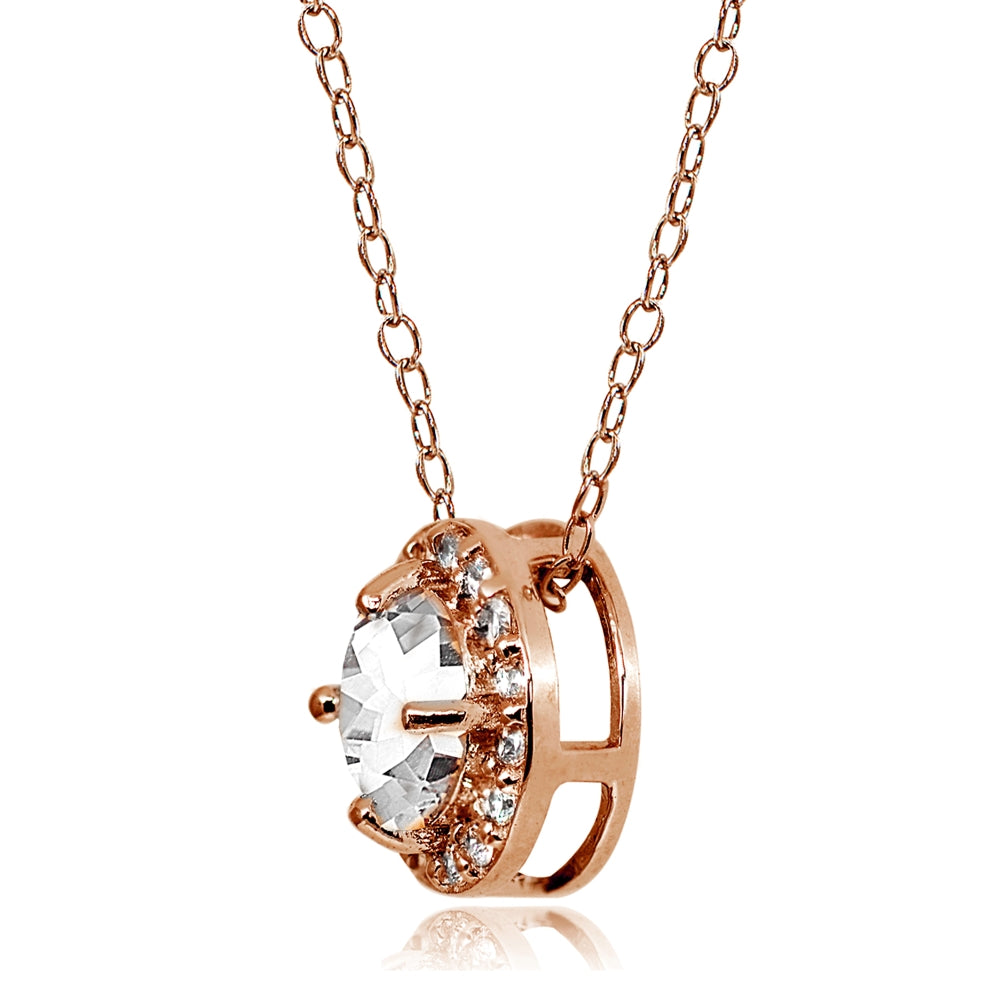 Rose Gold Flashed Sterling Silver Created White Sapphire Round Halo Necklace-2