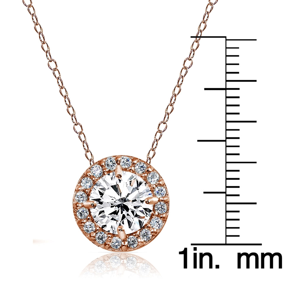 Rose Gold Flashed Sterling Silver Created White Sapphire Round Halo Necklace-3