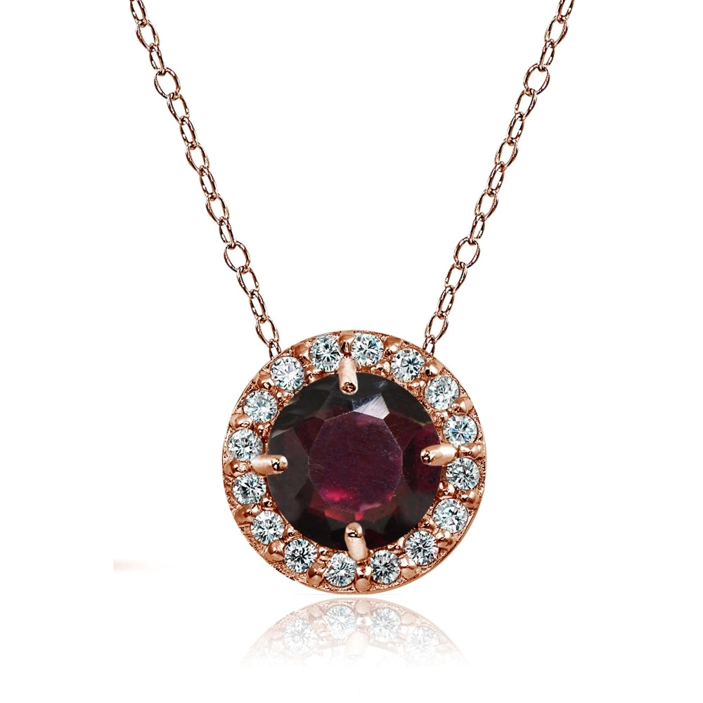 Rose Gold Flashed Sterling Silver Garnet and Cubic Zirconia Accents Round Halo Necklace
