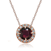 Rose Gold Flashed Sterling Silver Garnet and Cubic Zirconia Accents Round Halo Necklace