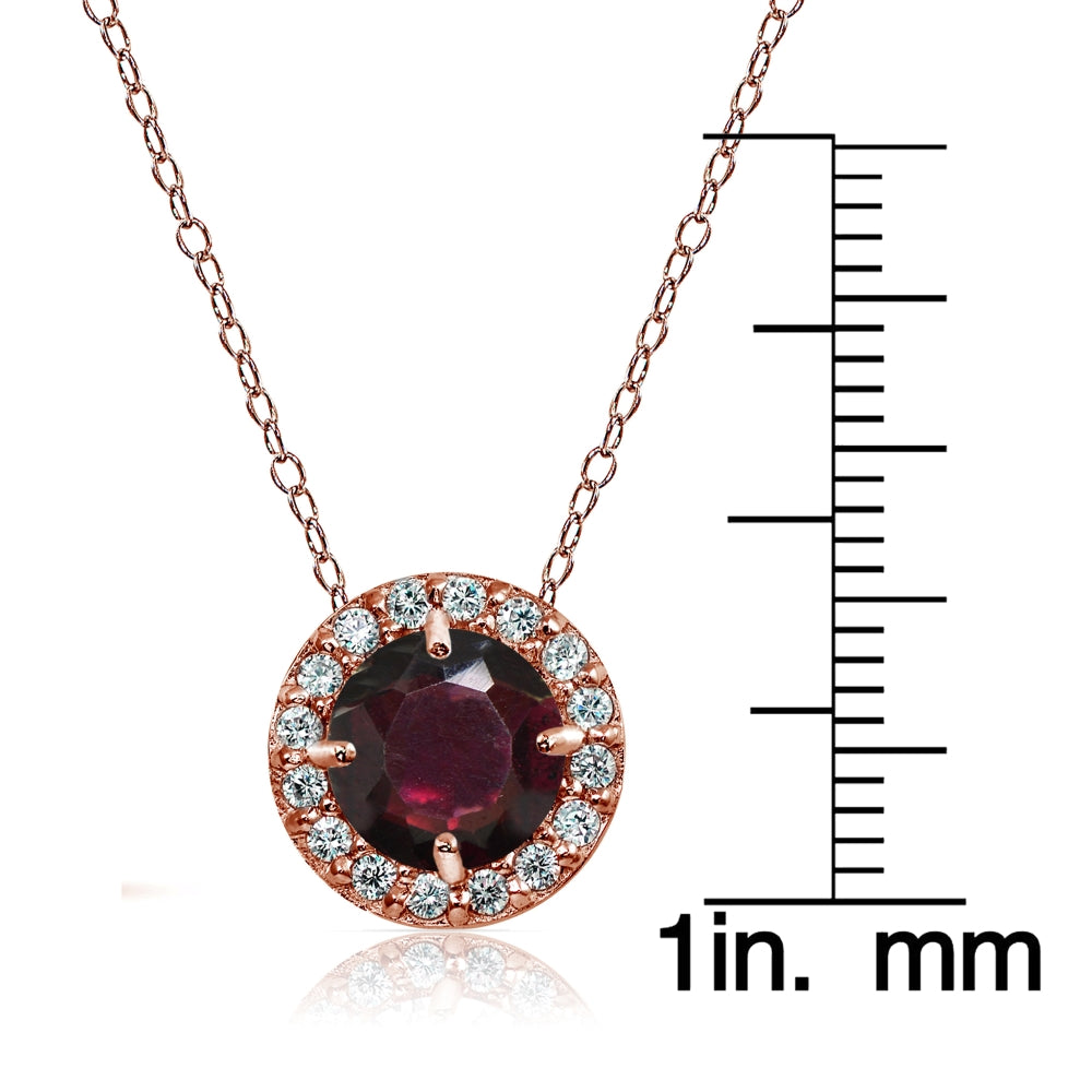 Rose Gold Flashed Sterling Silver Garnet and Cubic Zirconia Accents Round Halo Necklace-3