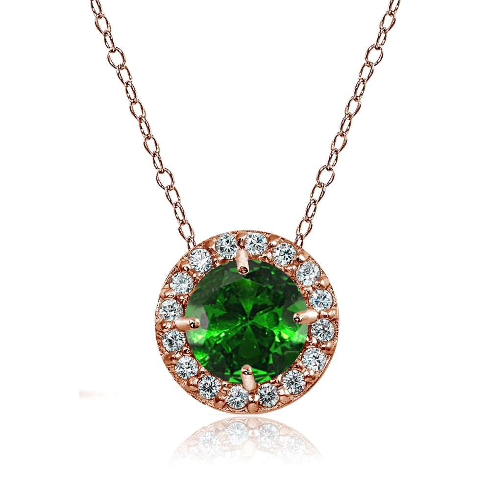 Rose Gold Flashed Sterling Silver Simulated Emerald and Cubic Zirconia Accents Round Halo Necklace