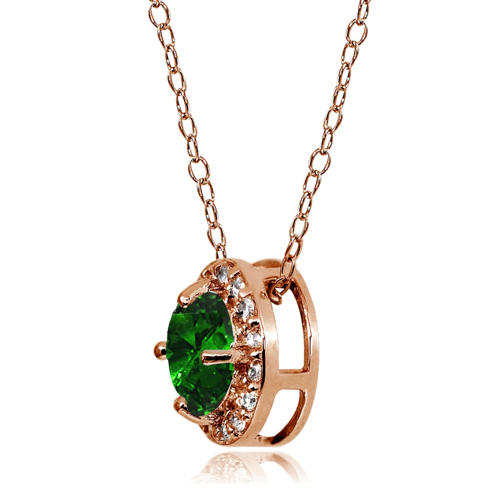 Rose Gold Flashed Sterling Silver Simulated Emerald and Cubic Zirconia Accents Round Halo Necklace-2