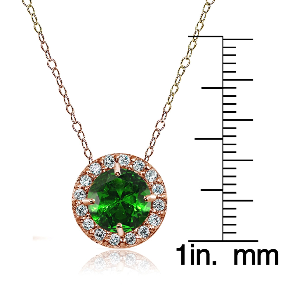 Rose Gold Flashed Sterling Silver Simulated Emerald and Cubic Zirconia Accents Round Halo Necklace-3