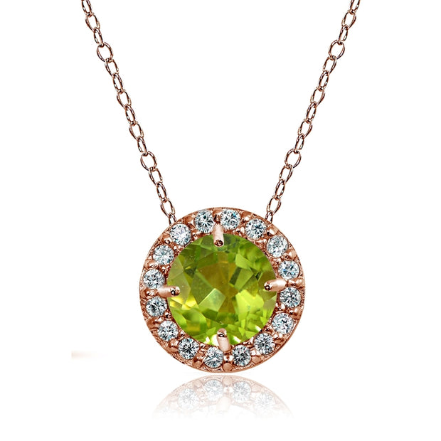 Rose Gold Flashed Sterling Silver Peridot and Cubic Zirconia Accents Round Halo Necklace