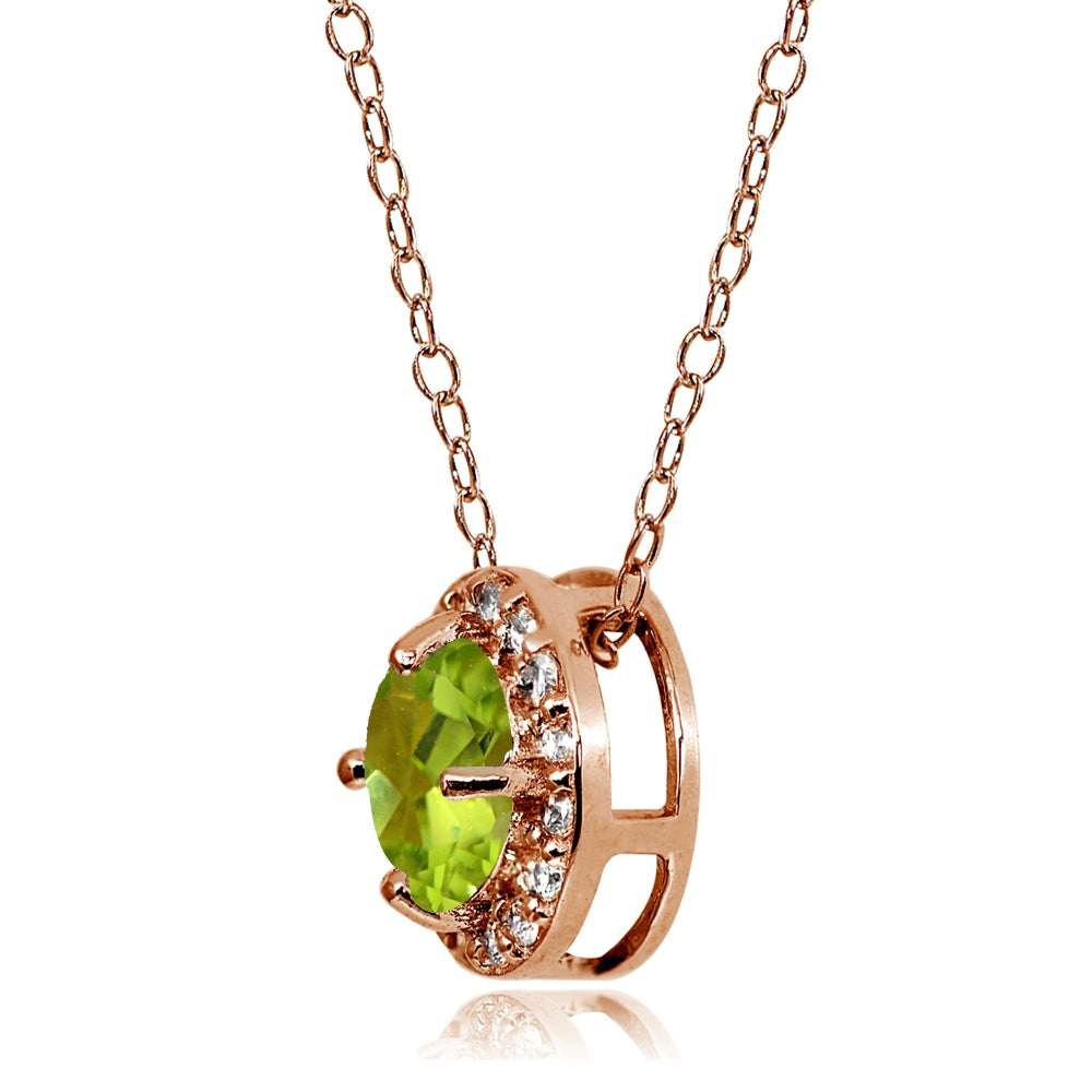 Rose Gold Flashed Sterling Silver Peridot and Cubic Zirconia Accents Round Halo Necklace-2