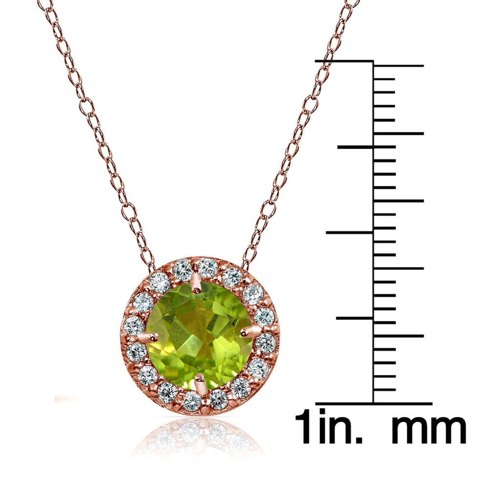 Rose Gold Flashed Sterling Silver Peridot and Cubic Zirconia Accents Round Halo Necklace-3