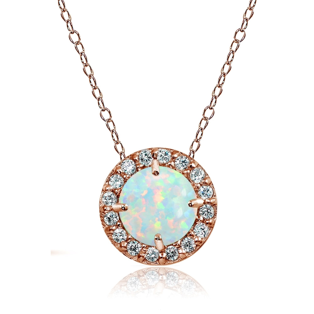 Rose Gold Flashed Sterling Silver Created White Opal and Cubic Zirconia Accents Round Halo Necklace