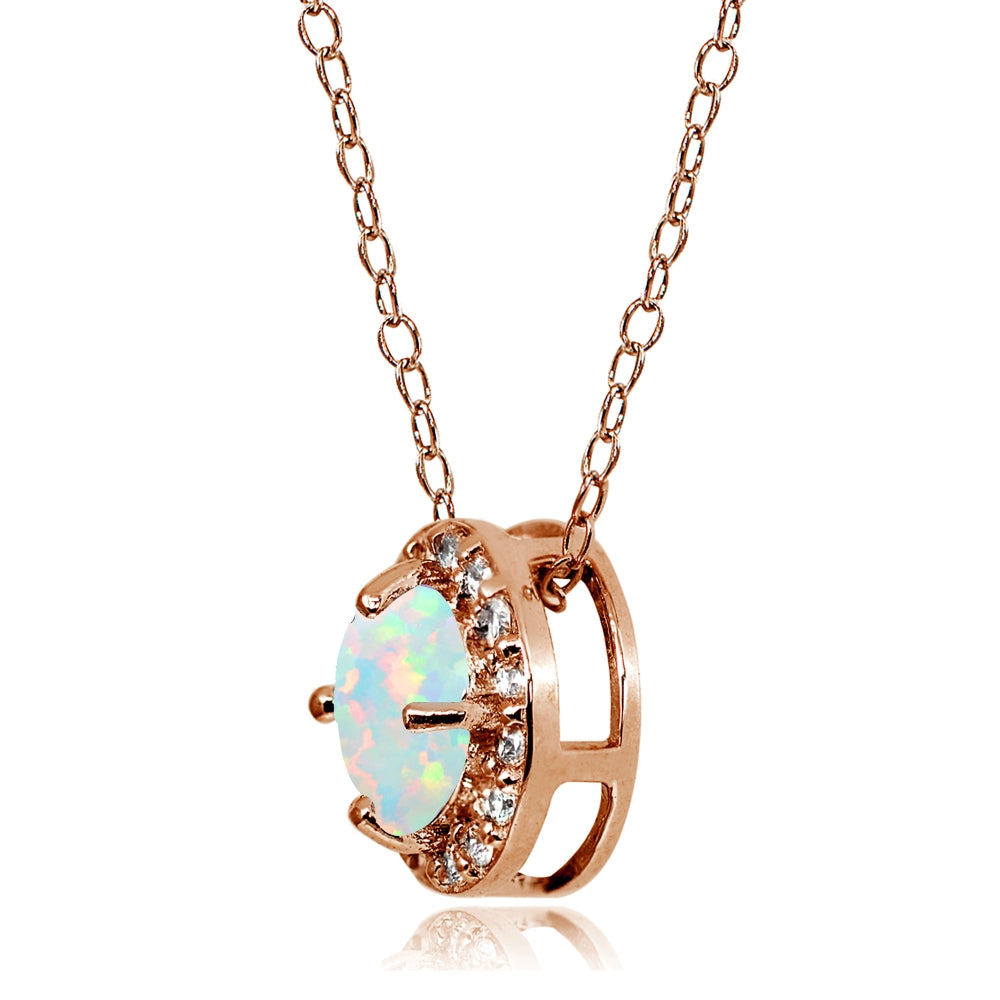 Rose Gold Flashed Sterling Silver Created White Opal and Cubic Zirconia Accents Round Halo Necklace-2