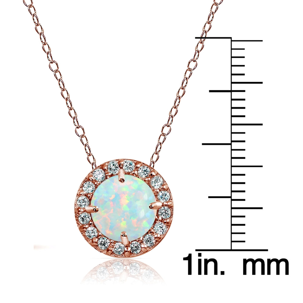 Rose Gold Flashed Sterling Silver Created White Opal and Cubic Zirconia Accents Round Halo Necklace-3