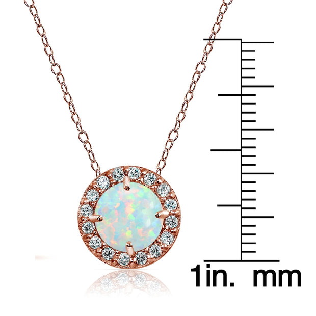 Rose Gold Flashed Sterling Silver Created White Opal and Cubic Zirconia Accents Round Halo Necklace